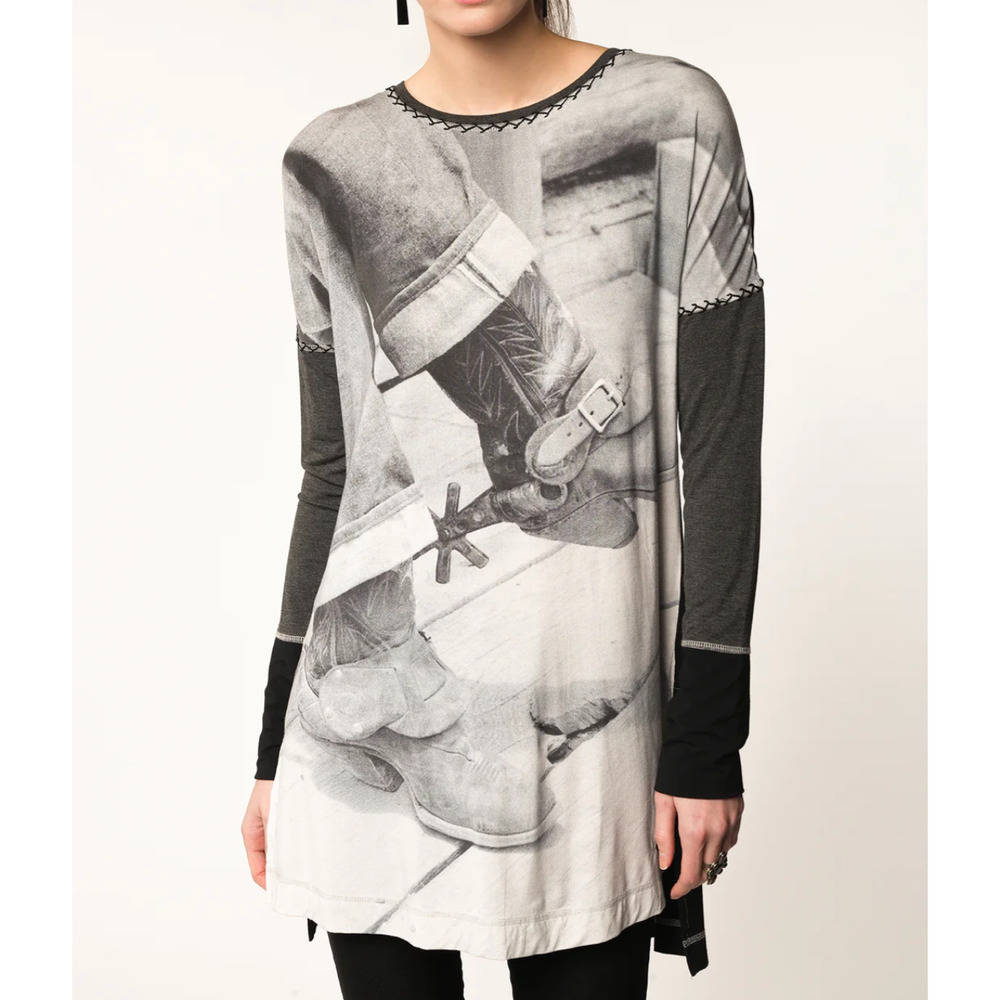 Double D Ranch Rowels Tunic Womens XL Black White Long Sleeve Cowboy Western